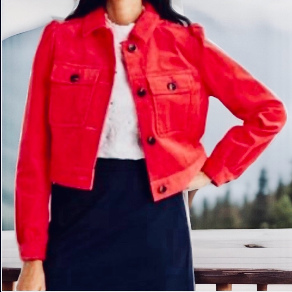 Boden Women's Cherry Red Corduroy Cropped Button Down Trucker Jacket